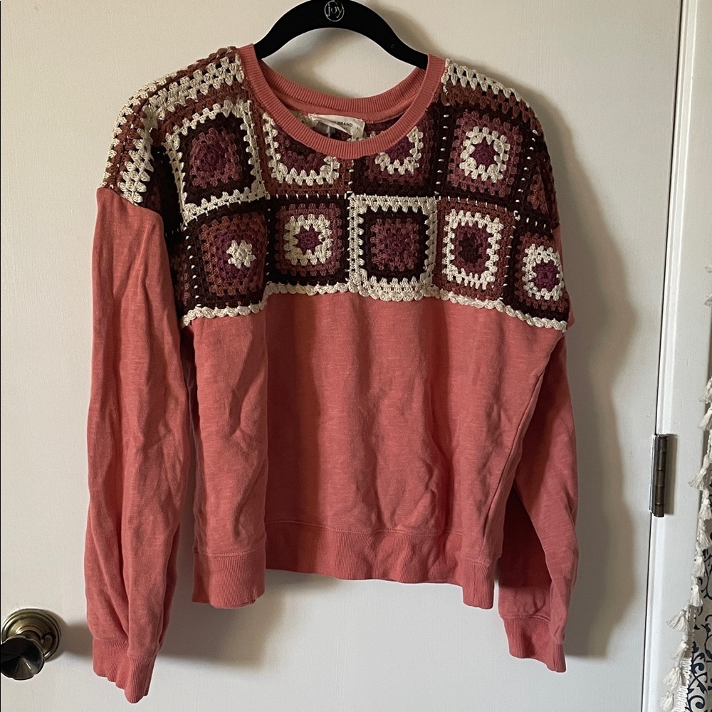Lucky Brand Crochet Patchwork Sweater - Coral and Cream